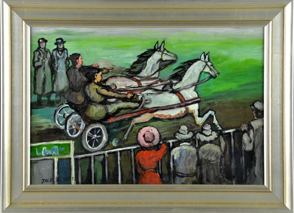 Bears The Signature Jack B. Yeats Oil Painting on: Finely painted to depict horse and sulky racers with a crowd in attendance, signed lower left. Jack B. Yeats (1871-1957) was an Irish artist and Olympic medallist, and brother to famous Irish poet W.