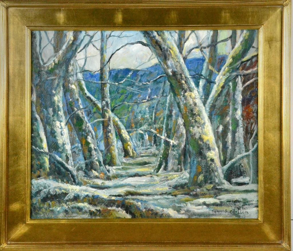 Bears the Signature John F. Carlson Oil on Canvas: Depicting a landscape winter scene, bears the signature LR John F. Carlson, John Fabian Carlson (1874-1945) was an American painter known for his landscape and snowscape paintings, 23.5" W x 19.75" H,