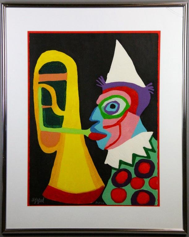 Karel Appel (1921-2006) New York & France: Lithograph in colors From The Circus Suite Addition size: 130 This one number 80 Depicting a clown with trumpet Sheet size 30"H X 22"W Signed and numbered in white crayon or marker. Float matted and f