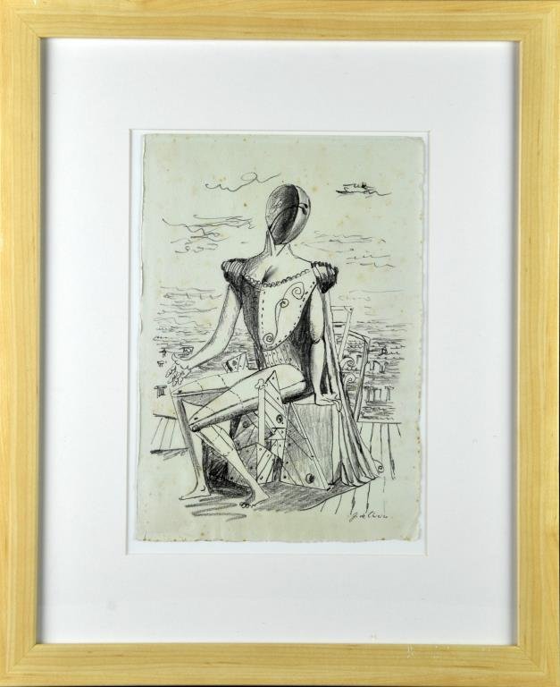 Bears The Signature Giorgio De Chirico Charcoal on: Depicting a mechanized woman seated on a dock flanked by a body of water with several small ships, signed lower right. Giorgio De Chirico(1888-1978) known for pre-surrealist paintings. Image measures 