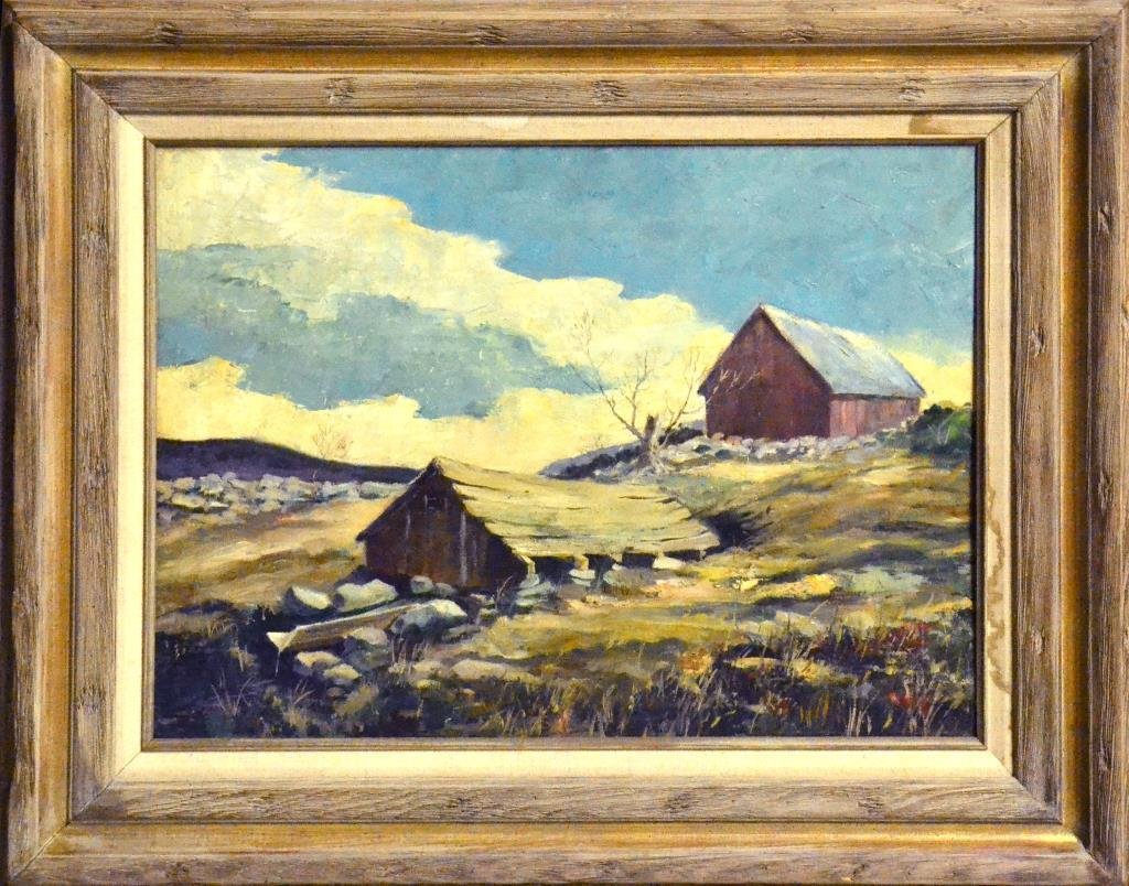 Attributed to Eric Sloane Oil Painting on Board: Depicting old barns in landscape possibly a study, 17.5"H x 23.5"W sight, 26.25"H x 32" W framed, circa mid-20th century. Condition: good. Property of an Oxford, Michigan Gentleman.