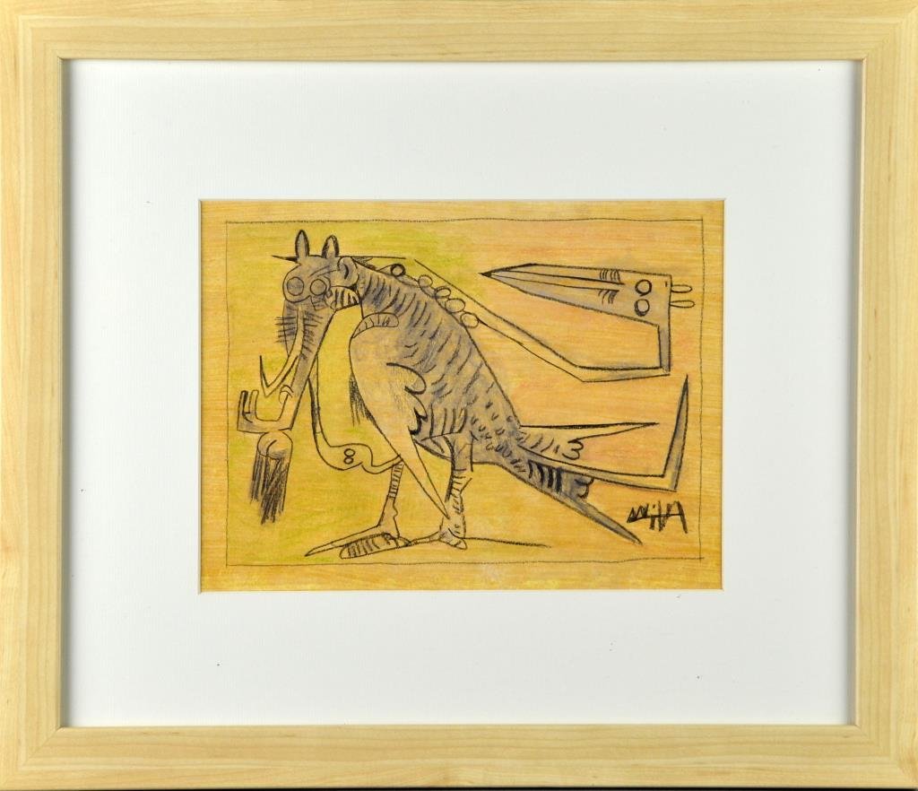 Manner of Wilfredo Lam Charcoal & Colored Pencil: Depicting a winged mythological beast, signed lower right. Wilfredo Oscar de la Concepcion Lam(1902-1982) was a Cuban artist known for figurative drawings with voodoo and spiritual themes. Image measu