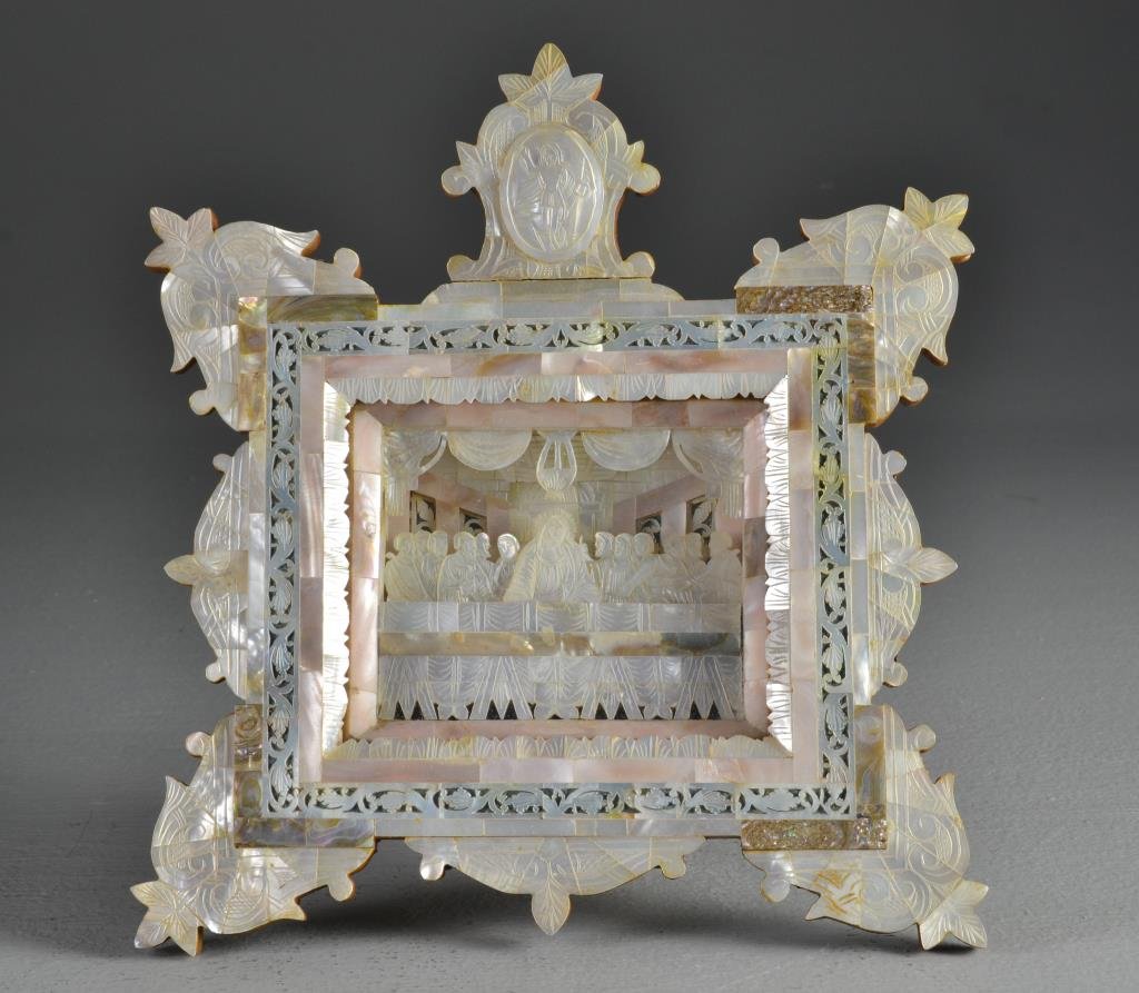"The Last Supper" Mother of Pearl Shadow Box: A rosewood and olive wood shadow box with mother of pearl overlay and abalone accents, with finely carved layers of mother of pearl depicting The Last Supper in great detail, frame has carved band of