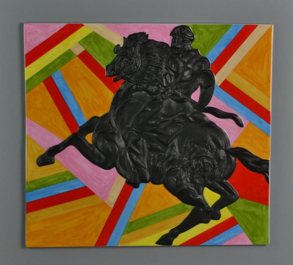 A Rosenthal Porcelain Plaque: A Rosenthal Porcelain example decorated and signed by Sandro Chia, depicting a figure on horseback with bright geometric background, measures 15.5"H x 17.5"W, circa 20th century.