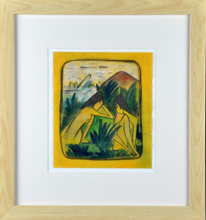 Otto Mueller Charcoal, Watercolor on Paper: Depicting two nude beauties within a landscape near a body of water, signed lower right. Otto Mueller(1874-1930) was a German artist known for expressionist female nudes and landscape paintings. Image