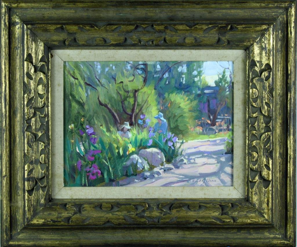 Robert Goldman Oil Painting on Board: Titled " In the Gardens" depicting two female figures tending the gardens, signed lower right Robert Goldman (1948) was an Arizona and California artist known for modernist-leaning landscape and still