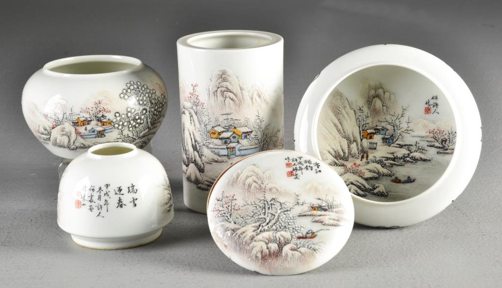 (5) Piece Chinese Famille Rose Porcelain Scholars Set: To include a brush holder, ink dish, brush wash, water and ink pots, all painted to depict winter scenes, each with some calligraphy and red seals, base with red seal in underglaze, largest is 4.5"H. 