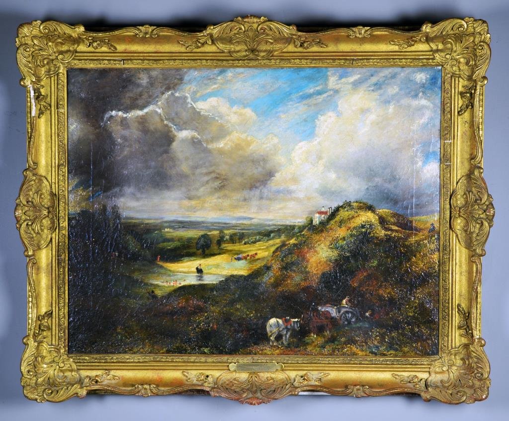 After John Constable Oil Painting on Canvas: Depicting a panoramic landscape with figures, bears an artist plaque for John Constable with title below illegible to us, probably a late 19th-early 20th century copy, 26"H x 31"W sight, 30"H x 37"W f