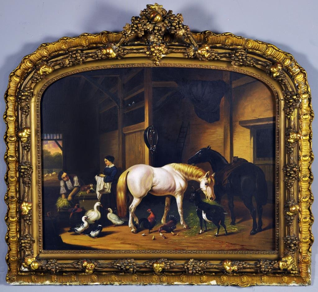An F. Heps Oil Painting on Board: In the style of John Frederick Herring, Jr., depicting figures, horses and other farm animals within a barn scene, signed lower left "F. Heps", Francis Heps was a 19th century New York portrait painte