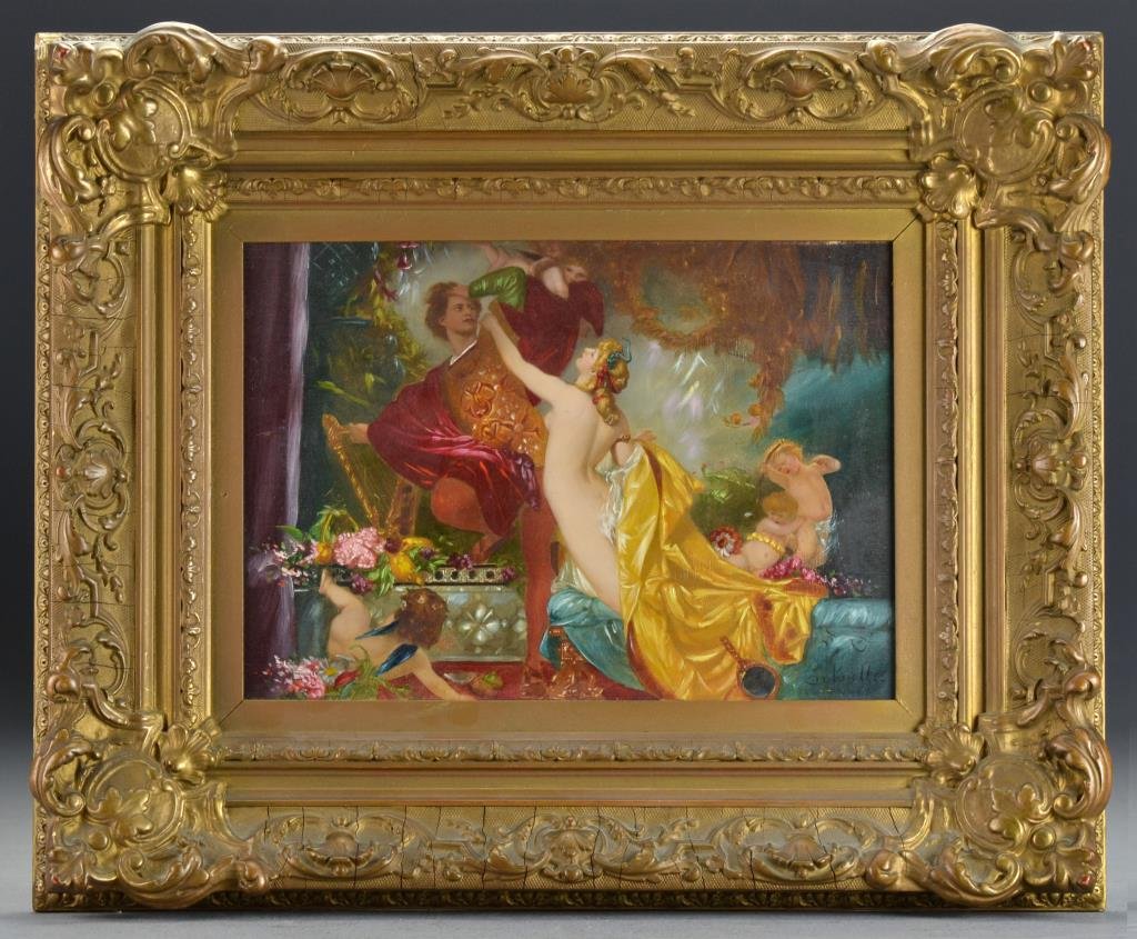 An Oil Painting on Board After Otto Knille: An oil painting on board titled "Tannhäuser and Venus" done after German artist Otto Knille, signed "O. Knille" to lower left, in its original gilt wood frame retaining paper label for Jas. E. Hanna 