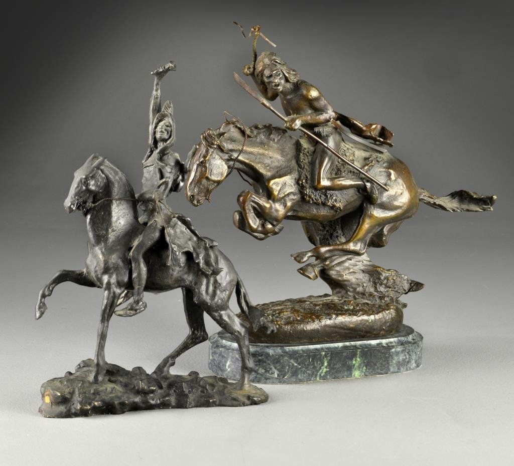 (2) After Frederic Remington Bronze Sculptures: To include "Wicked Pony" and "Scalp Hunter" after Remington, Frederic Sackrider Remington (1861-1909) was a New York artist known for his Western paintings and sculptures, one mounted on marble base a