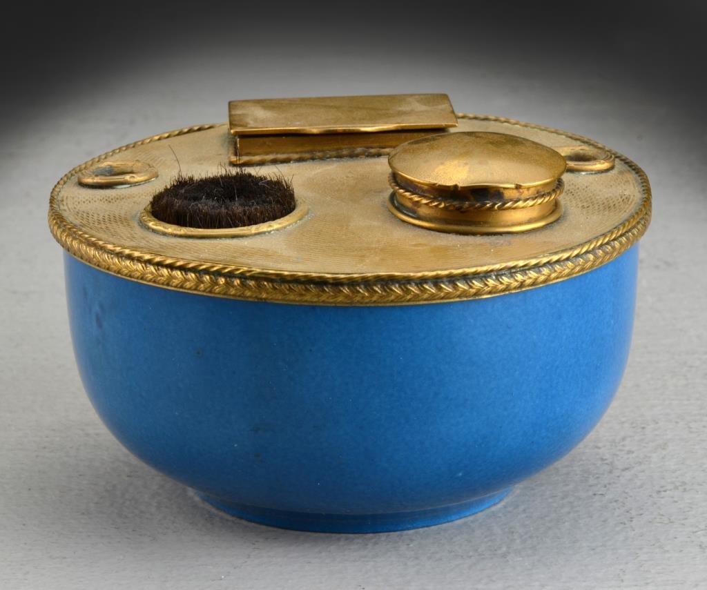 A Sevres Porcelain & Gilt Bronze Ink Stand: Of bowl form, having a pen holder, inkwell and stamp holder, underside with Sevres interlaced mark in blue underglaze, measures 5"Dia., circa late 19th-early 20th century. Property of a Birmingham, MI