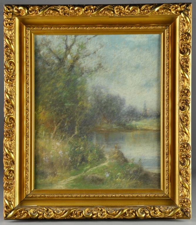 A James M. Dennis Pastel on Paper: Depicting a pond in a wooded landscape, signed lower left "J.M. Dennis", James M. Dennis (1840-1918) was an American artist who lived and worked in Ohio and Michigan, he was known for his portraits an
