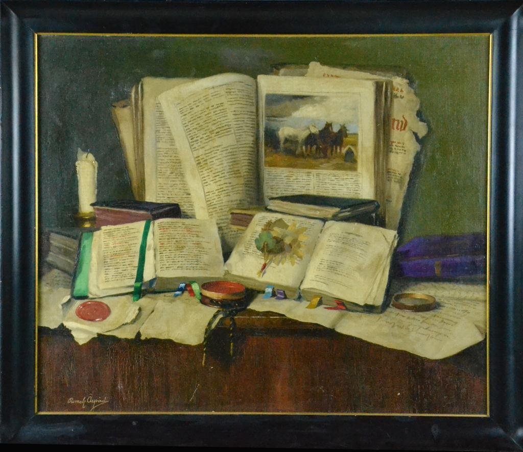 Romek Arpad Oil Painting on Masonite Board: Depicting image of still life including books and candle, signed LL Romek Arpad, Romek Arpad (1883-1960) was a Hungarian artist known for his still life paintings, 27" W x 23" H sight, 32"W x 27" H fr