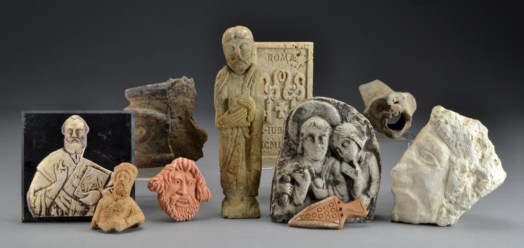 (10) Pre Columbian, Greek/Roman (?) Pottery Items: To include various religious items, figures, bust, and plaque, largest measures 8"H, circa 20th century or older.