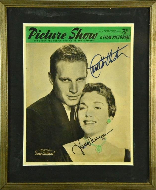 Charlton Heston & Jane Wyman Autographs: Signed upper right Charlton Heston and lower right Jane Wyman, Picture Show & Film Pictorial, Jane Wyman and Charlton Heston in "Lucy Gallant", October 29th 1955, Certificate of Authenticity on back o