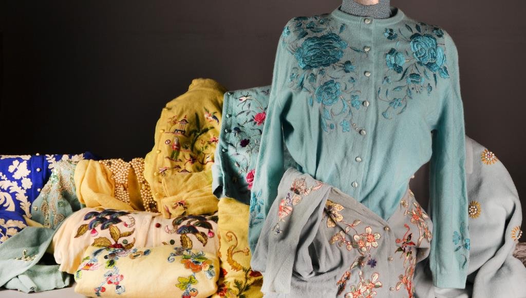 (14) Ladies Sweaters Incl. Helen Bond Carruthers: Comprised of five Helen Bond Carruthers cardigans with finely appliqued floral motifs, along with a Dringle of Scotland cashmere sweater, Frances Brewster, a Saks Fifth Avenue, De Pinna closure and co