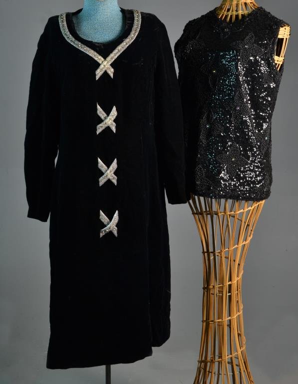 (3) Pcs Ladies Vintage Clothing: To include a black sequined and beaded sweater vest with zippered front, no label, a lace blouse with side zipper having tag for "Blouse de Jour by Saab", together with a black velvet dress labeled "M
