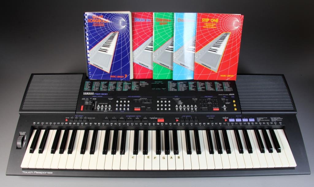 Yamaha Model PSR-500 Electric Keyboard: In original box and slightly used. Provenance: Formally in the collection of Gary Culpepper of Culpepper Galleries-Santa Fe, New Mexico.