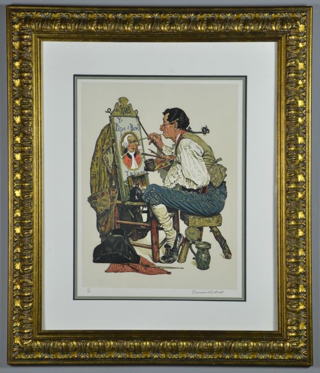 Norman Rockwell Signed Lithograph, "Ye Pipe and Bowl": A thirteen color lithograph on Arches paper entitled "Ye Pipe and Bowl" depicting an artist at his easel painting a tavern sign, hand proofed, printed and completed in 1976 at Atelier Ettinger Inc., p