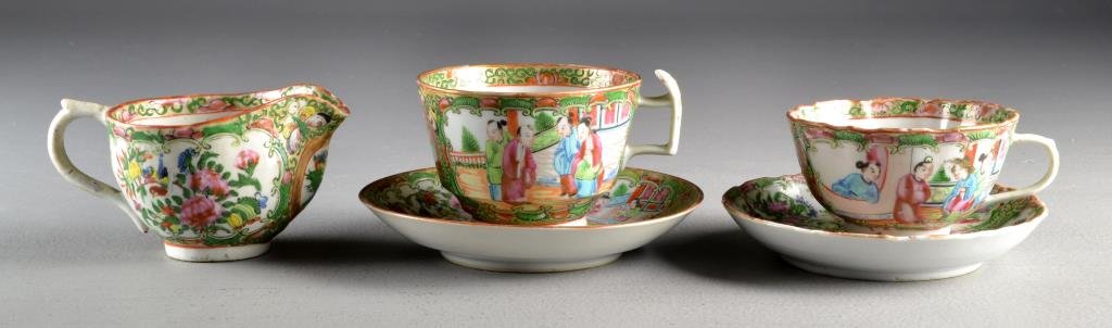 (5) Pcs Chinese Rose Medallion Porcelain: To include two cups, two saucers and cream jug, decorated with figures, flora and fauna and having gilt rims, largest measures 3.5"Dia., circa late 19th-early 20th century.