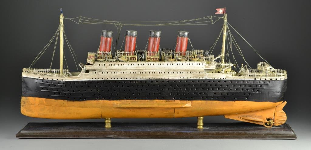 A Metal Model of the Titanic: Polychrome painted metal mounted on a metal stand, measures 15.5"H x 32.5"L, circa 20th century. Condition: good overall with some light wear and a couple of areas of warping to edge of the metal base