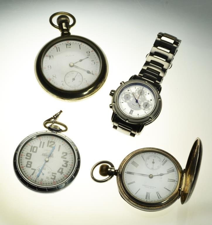 Three Pocket Watches & A Wrist Watch: To include an Elgin open face pocket watch, a Leica pocket watch, a Waltham Mars pocket watch, together with a Jevril wrist watch, all circa 20th century.
