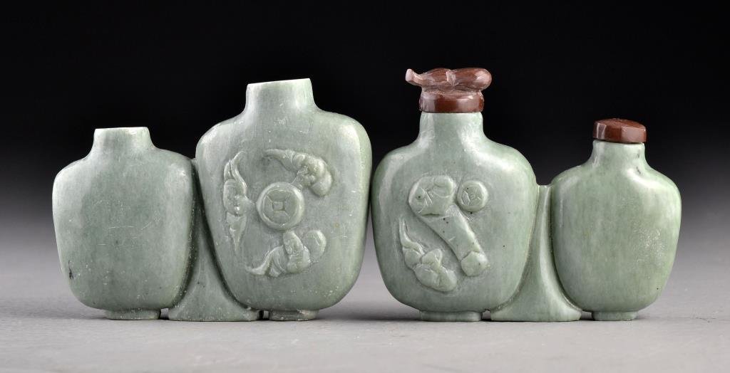 (2) Chinese Carved Hardstone Double Snuff Bottles: To include two double snuff bottles, finely carved to depict bats with coins and one with lingzhi, having smooth polished surface, good condition, one set complete with stoppers, tallest is 2.8"H.