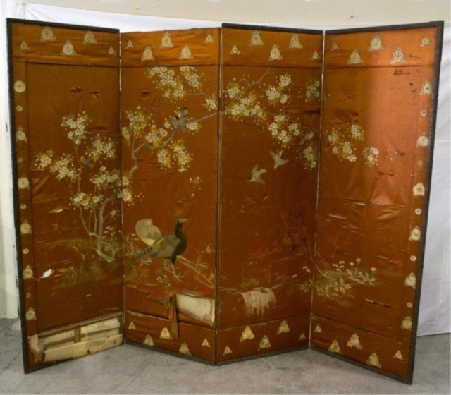 Chinese Qing Wood & Silk Four Panel Screen: Finely sewn to depict magpies, cherry blossoms, roosters, and foliage against a rust colored ground, each panel measures 71.5"H X 24"W, circa 18th/19th century, with multiple losses throughout but rep