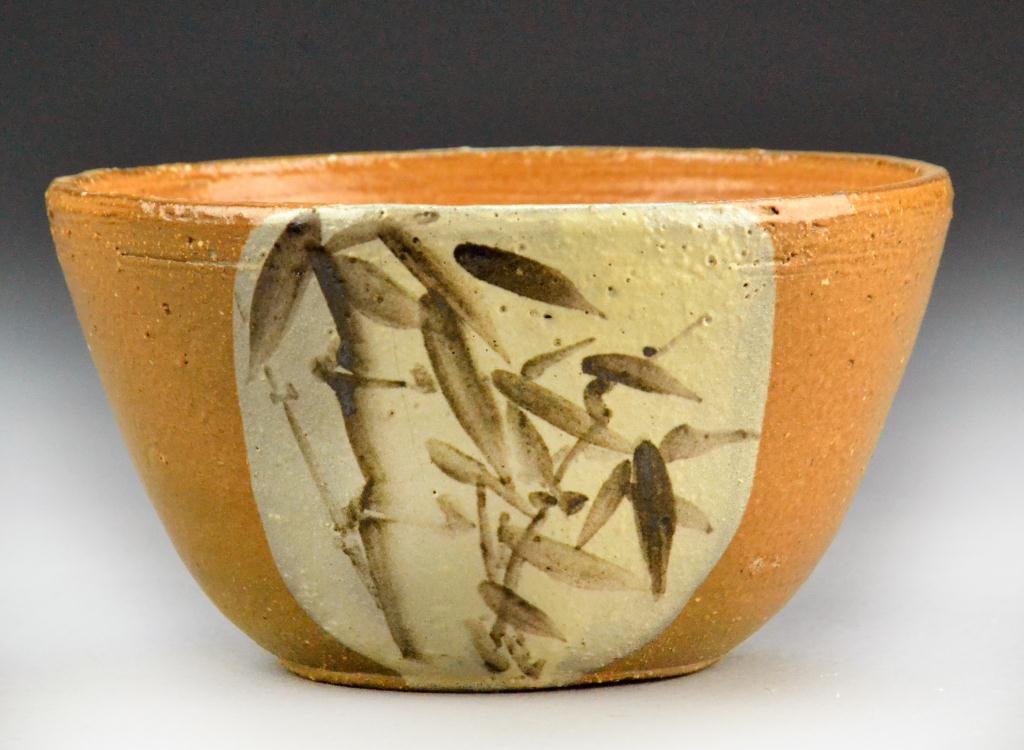 Fong Chow Glazed Bowl: 20th century wheelthrown pottery with chinese brushwork images, signed on bottom Fong Chow, two tight hairline cracks running vertically approx. 2" long, 5.5" diameter x 3" H