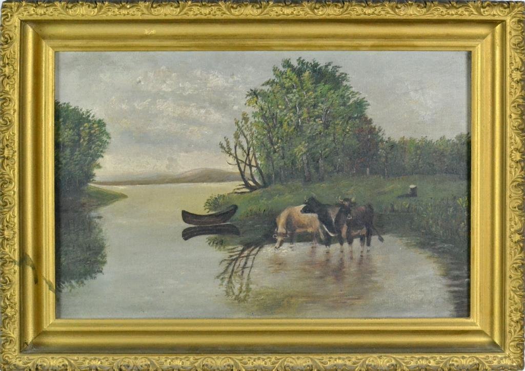 Hudson River School Oil on Canvas Riverscape: Depicting cows drinking at a river with canoe in background, 11.5" H x 17.5" W sight, 16" H x 22" W framed, with molded gilt frame, circa mid-19th century. Condition: good, some staining to frame. Pro