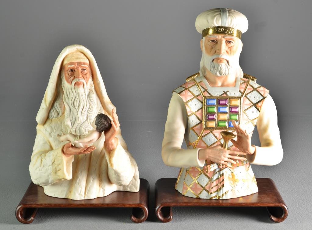 (2) Laszlo Ispanky Limited Edition Porcelain Figures: To include a polychrome decorated figure of Aaron, stamped "Goebel Made In USA Laszlo Ispanky 166 of 350" to base, together with a polychrome decorated figure of a Abraham holding his son Isaac, stamp