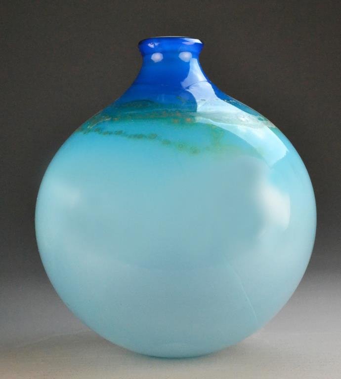 Large Studio Hand-Blown Art Glass Vase: Globe-shaped vase with narrow opening in blues, signed to bottom, appears to be Kevin F. Green and dated 1977, 17" H x 14" Diameter, circa 20th century. Condition: good. Property of Adrian, Michigan, 