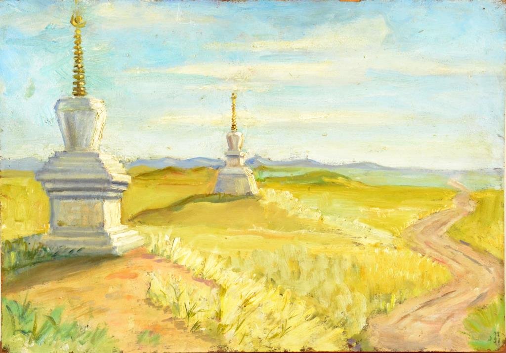 Boris Vassiloff Oil Painting on Masonite: Depicting pair of Buddhist Stupas in landscape, signed B. Vassiloff 213 to reverse, New York artist (1901-2000) known for architectural and landscape paintings, 14" H x 20" W sight, circa mid-20th cen