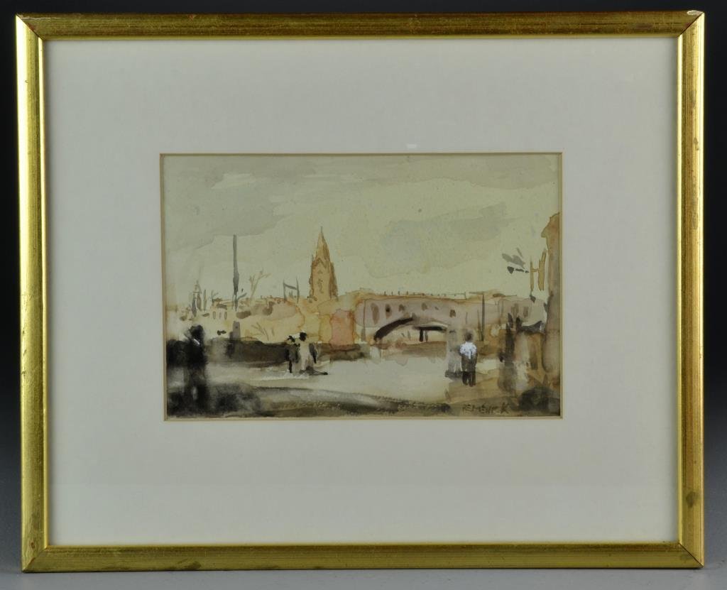 Seymour Remenick Watercolor Painting on Paper: Finely painted to depict a city skyline with a river, bridge and figures, signed lower right "Remenick". Seymour Remenick (1923-1999) was a Pennsylvania artist known for landscape, still life and port