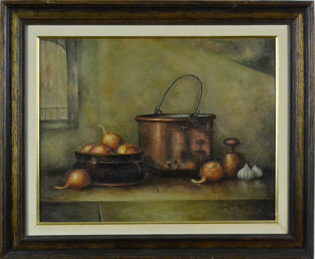 Ted R. Planten Still Life Oil Painting on Canvas: Depicting copper pot, onions and garlic, signed lower right T.R. Planten, paper tag to back 'Ted R. Planten, Paintings, Toledo, Ohio and dated 1970,' 16" H x 20" W sight, 22" H x 25.5" W framed. Condi
