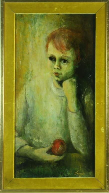 Claire Miller Hopkins Oil Painting on Board: Depicting a young boy holding an apple, signed and dated lower right "Hopkins 63?", measures 23.5"H x 11.5"W sight, 27.5"H x 15.5"W framed, circa 1966. Claire Miller Hopkins(20th century) is a Carolin