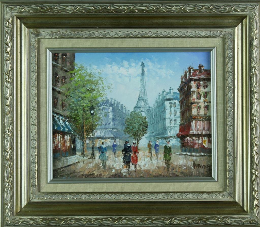 Caroline C. Burnett Oil Painting on Board: Titled: "Parisian Stroll", depciitng figures with Eiffel Tower in background, nicely framed and matted, measures 7.25"H x 9.25"W sight, 13.5"H x 15.5"W framed, circa 20th century.