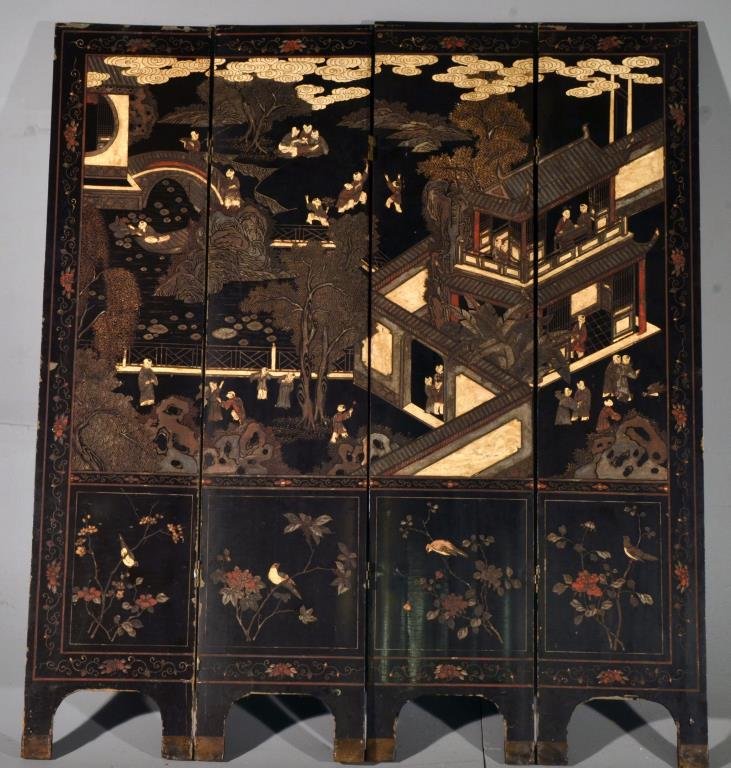 Chinese Four Panel Lacquer Coromandel Screen: One side finely carved to represent figures in village life above four panels with birds on cherry blossom branches, the reverse carved with birds, flowers and vases, overall measures 72" H x 64" W , 