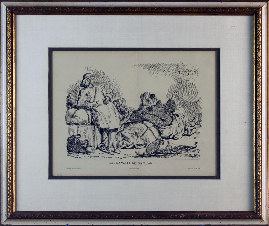 Eugene Delacroix Lithograph on Paper: Titled: "Muletiers De Tetuan", depciting gypsies, signed upper right in stone and dated 1833. Eugene Ferdinand Victor Delacroix (1798-1863) a French artist known for allegorical and classical painting