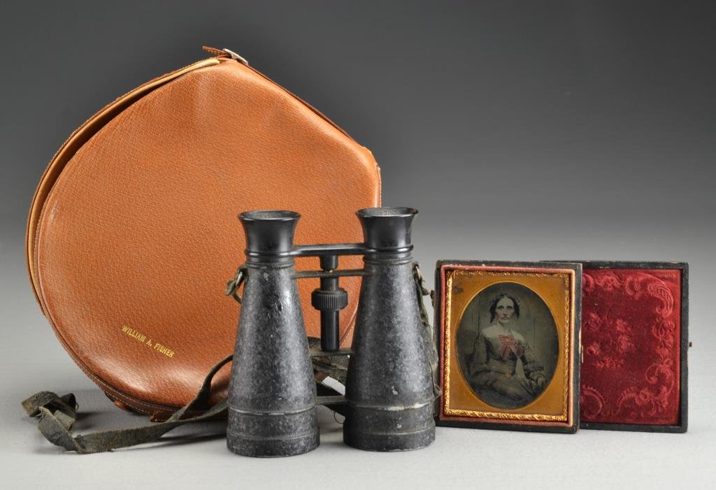 (2) Pc Binoculars & Framed Daguerreotype: To include a pair of binoculars in original case, marked "Made in England for Hudson's Mens Store" with previous owner "William A. Fisher" to lid, along with a miniature framed daguerreotype of a woma