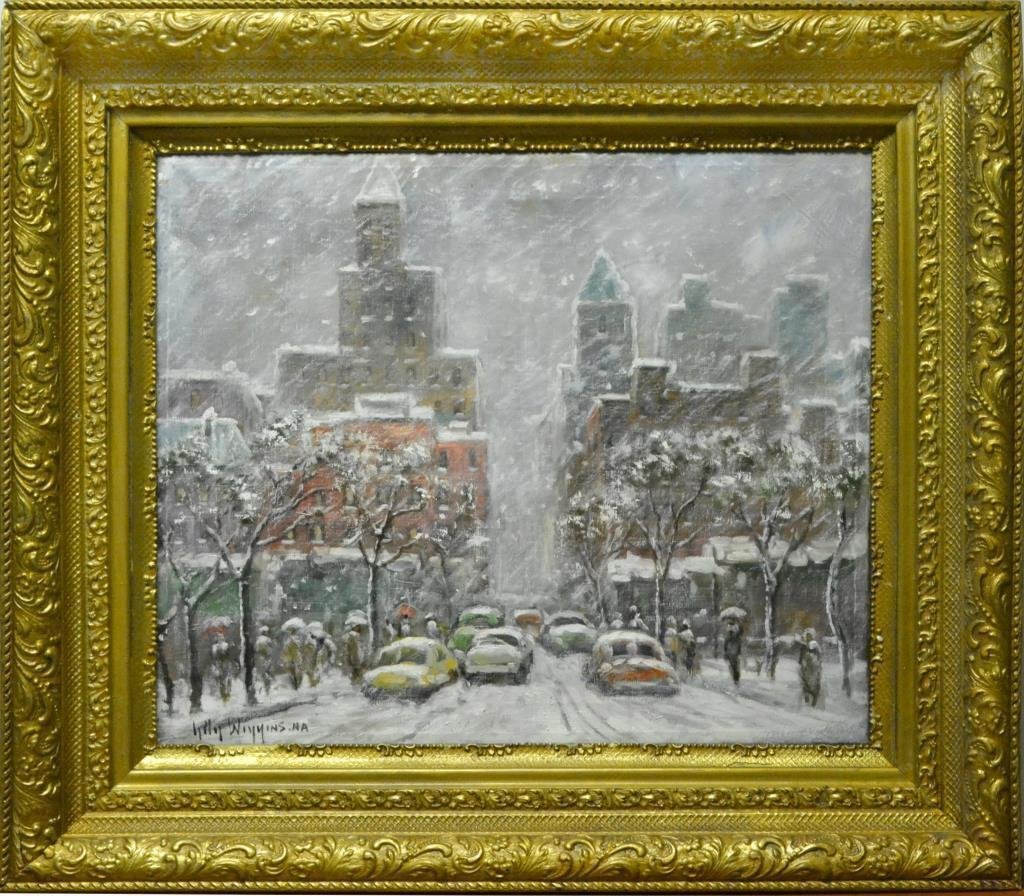 Guy Carleton Wiggins Oil Painting On Canvas: Depicting a winter blizzard in New York City, with multiple figures, trees and automobiles, signed lower left and additionally signed lower verso right, Guy Carleton Wiggins (1883-1962) was a New York