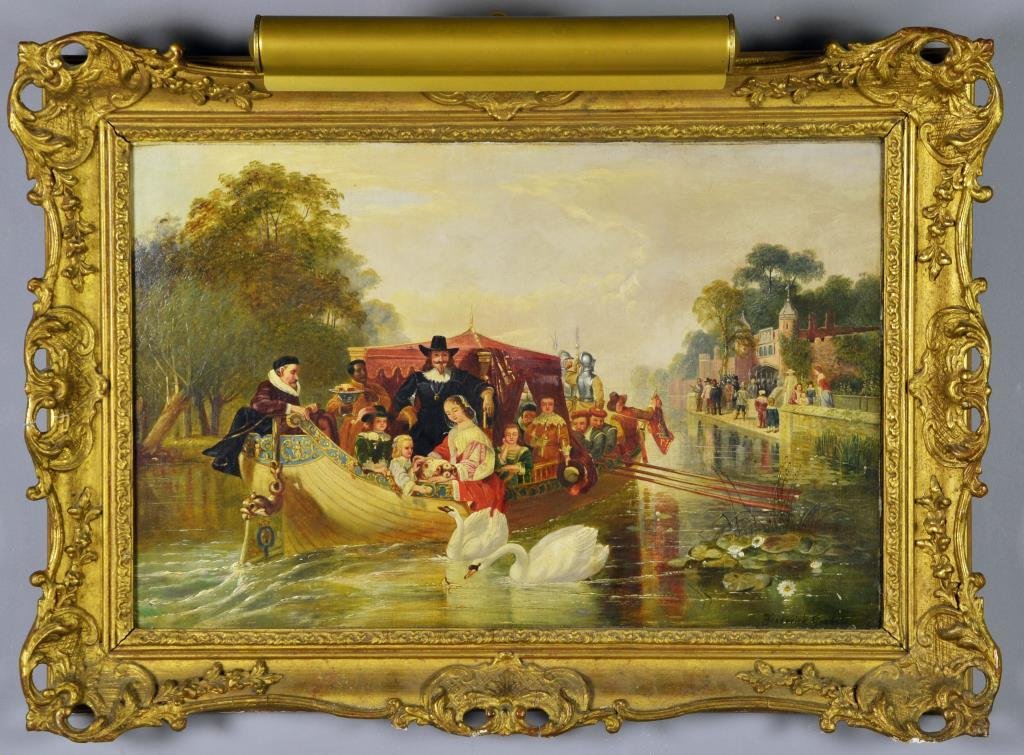 After Frederick Goodall Oil Painting on Canvas: Depicting King Charles and his family on a canal with palace in the background, signed lower right "Frederick Goodal", with additional paper labels to reverse of painting and frame stating that the ar
