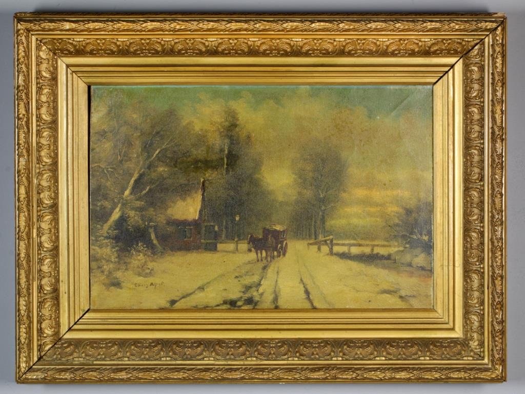A Louis Apol Oil Painting on Canvas: Depicting a horse drawn carriage within a snowy landscape, signed lower left, Louis Franciscus Hendrik Apol (1850 - 1936) was a Dutch artist known for his winter landscape paintings, canvas laid over