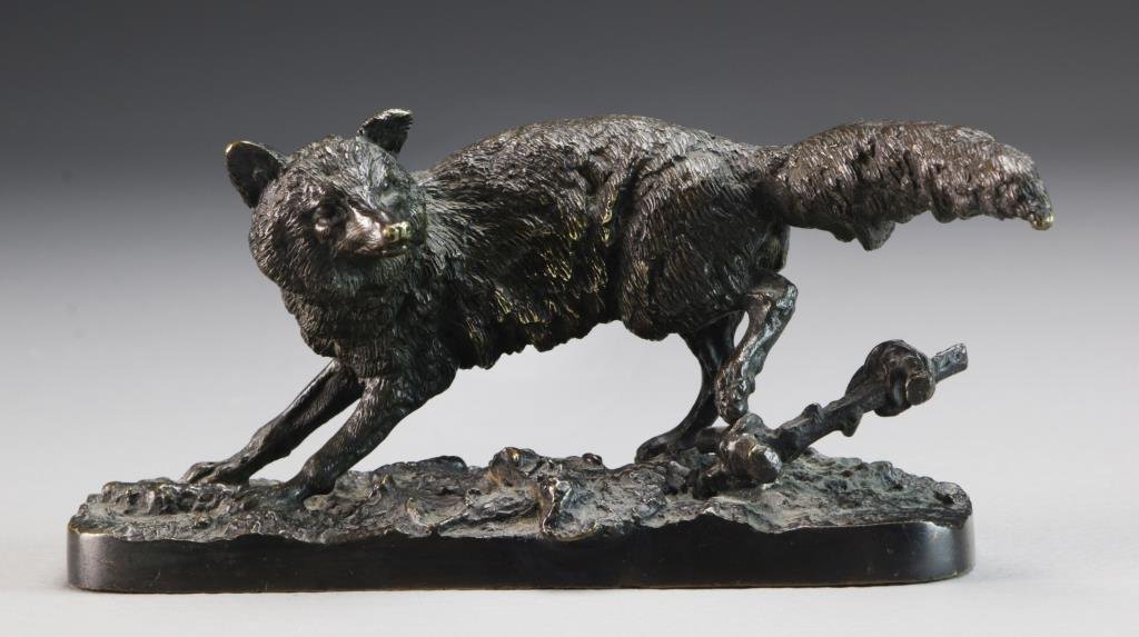 P.J. Mene Bronze Fox: Depicting a fox and foliage, signed to top of base, Pierre Jules (P.J.) Mene (1810 - 1879) was a French artist known for his realistic wildlife sculptures, overall measures 6"L, a fine casting having 