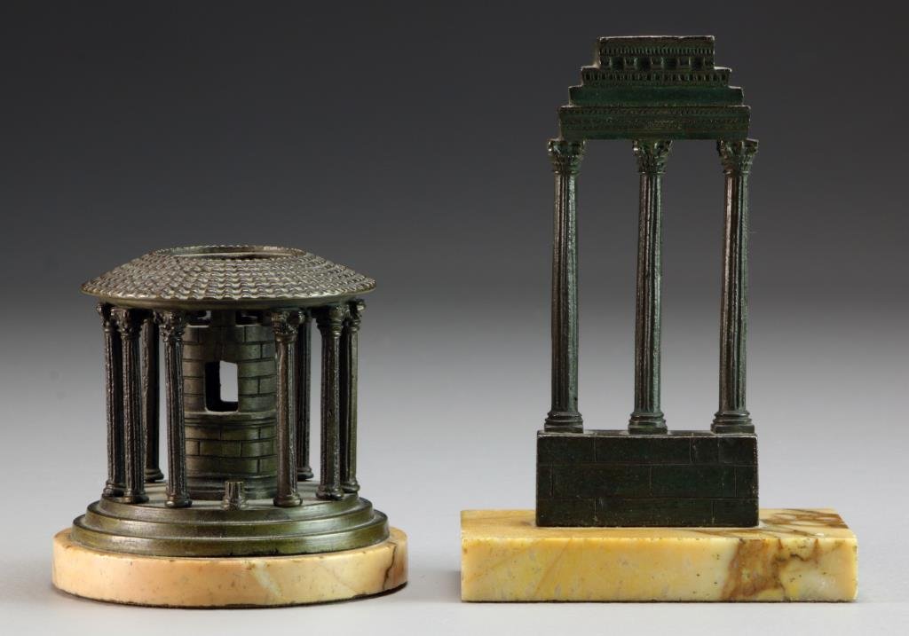 (2) Grand Tour Bronze & Marble Architectural Sculptures: To include a model of a ruin and a gazebo housing a turret, both mounted on sierra marble bases, largest measures 5.75"H, circa late 19th century.