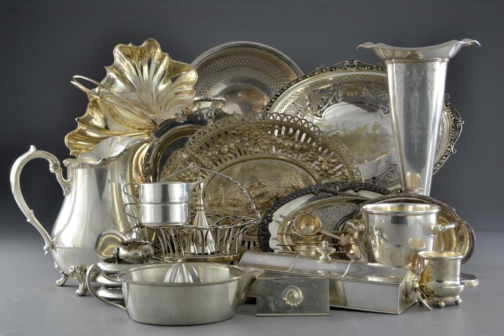(30+) Pcs Assorted Silver Plate Serving Items: Comprised of cups, baskets, dishes, a vase, cased inkwell set, pitcher and a juicer among others, marks include W.D. Smith & Co., Reed & Barton and International Silver, largest measures 14"H, circa e