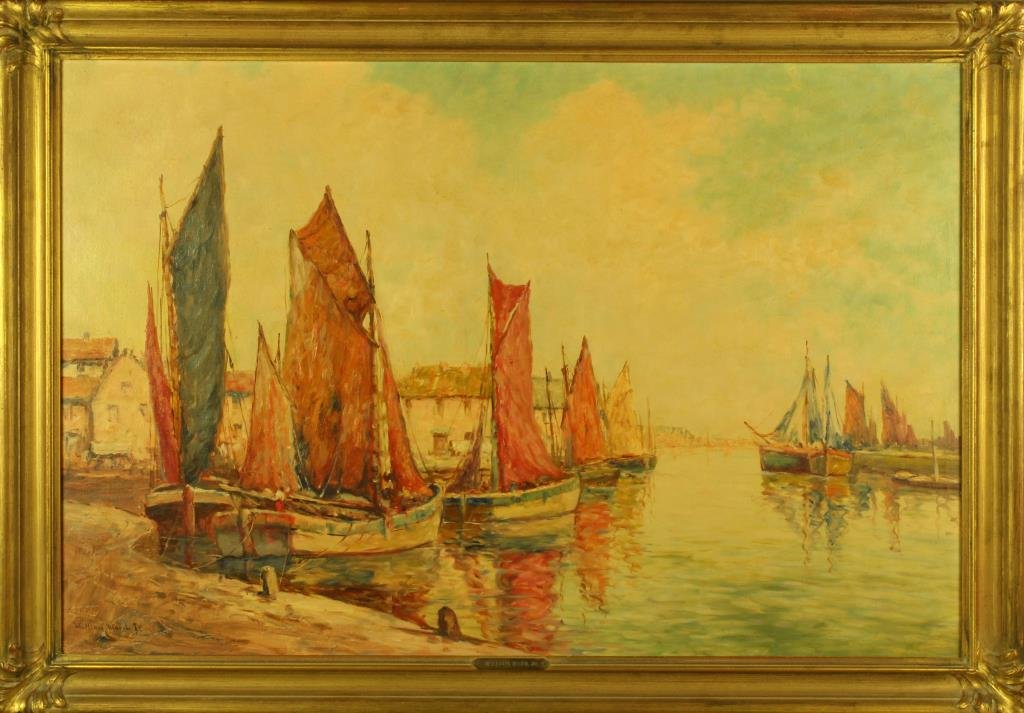 C. Hjalmar "Cappy" Amundsen Oil Painting on Canvas: Painted to depict a harbor scene with sailboats, signed lower left "William Ward Jr". C. Hjalmar "Cappy" Amundsen a.k.a. William Ward Jr. (1911-2001) was an American artist known for whaling scenes, d