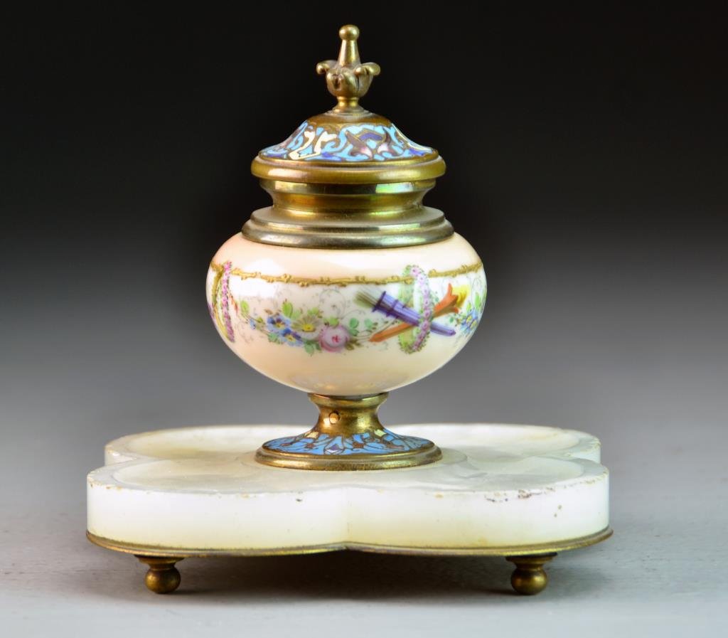 French Enamel, Bronze, Porcelain & Alabaster Inkwell: The porcelain painted to depict floral swags and wreaths, enamel decorated en suite, having a pebble formed alabaster base, unmarked, 5.25"H, circa late 19th-early 20th century. Property of a Birmingh
