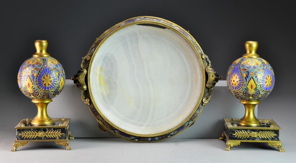 (3) Pcs French Enamel, Bronze & Alabaster: To include a pair of ornamental bronze pieces, possibly lamp bases, with stylized floral and scroll enamel decoration, atop a green marble or alabaster base with bronze mounts and claw feet, together